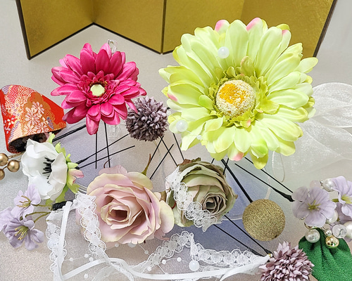ガーベラ 振袖 5点セット　成人式　緑色 花柄 6cd83c12f3790a677cfbf5542fa870