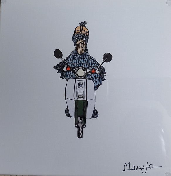 切り絵「ハシビロコウスーパーカブに乗る」 切り絵 ogura marujo