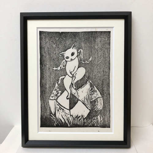 原画「眠る猫」※木製額縁入り(18×18㎝フレーム） 猫・猫の絵
