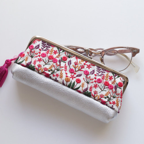 インド刺繍リボンと牛革レザーのめがねケース ・ペンケース