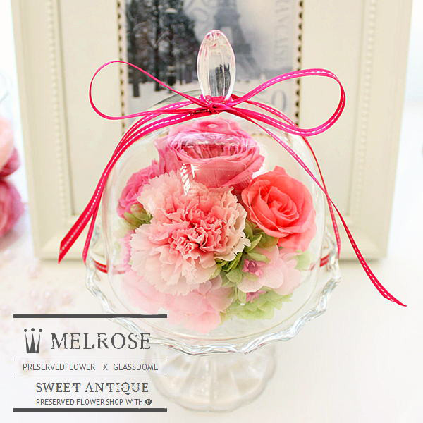 プリザーブドフラワーアレンジ(メルローズ)(ピンク)アンティーク調ガラスドーム 結婚祝 誕生日 母の日 新築祝 ギフト