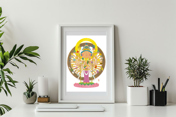 宝石 仏画「千手観音」額装 仏画 仏絵