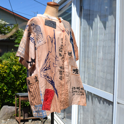 ●専用●手ぬぐいと家紋緑木綿のプルオーバー●柿渋染● ○手ぬぐいと家紋緑木綿のプルオーバー○柿渋染○