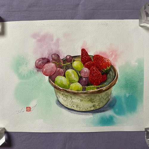 水彩アート「箱根焼きと果実」A4手描き原画、1点物。 イラスト