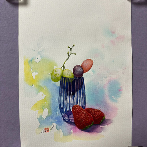 水彩アート「江戸切子と果実 弐」B5手描き原画、1点物