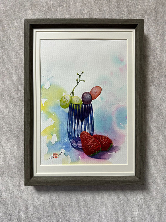 安い 水彩アート「江戸切子と果実 弐」B5手描き原画、1点物 絵画