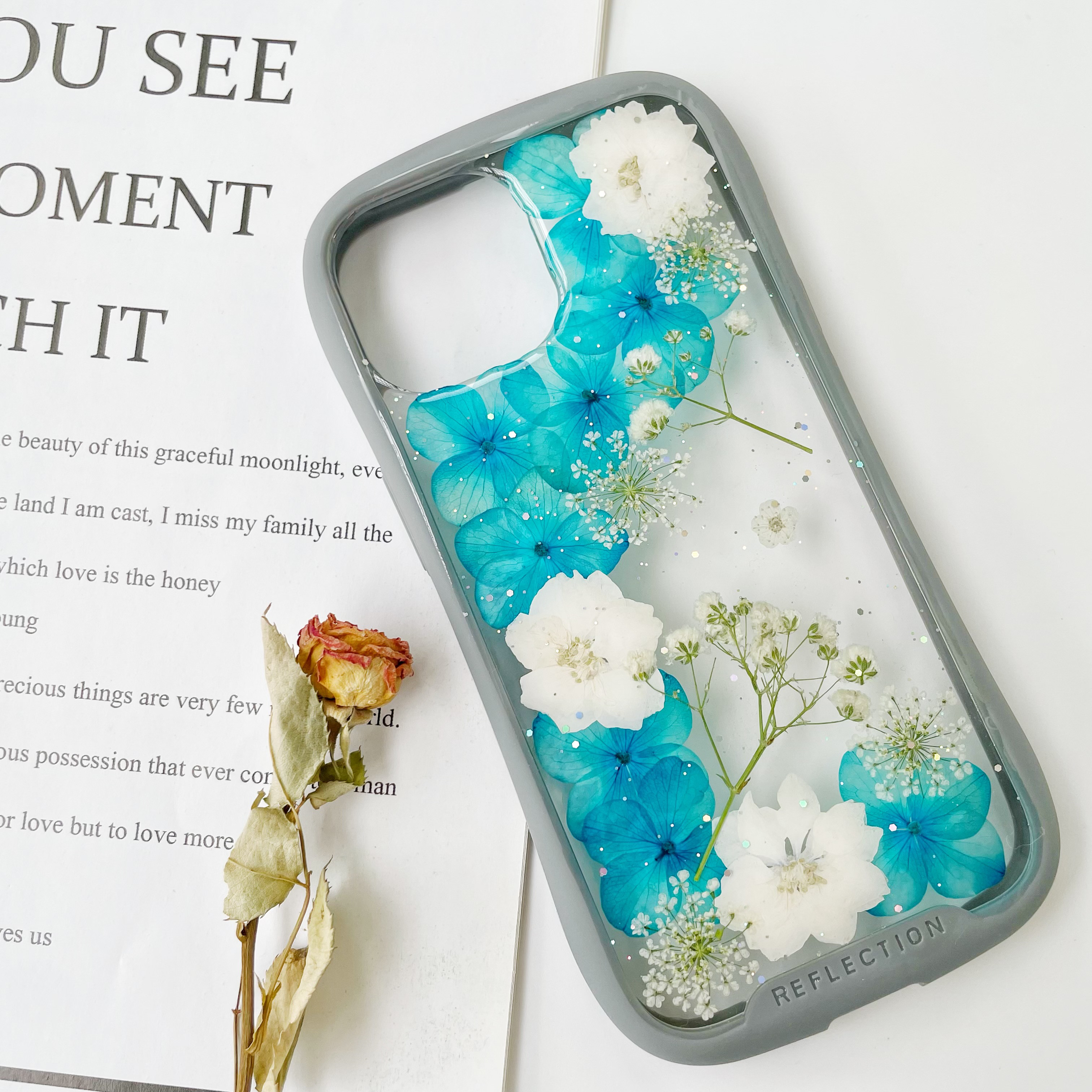 紫陽花iFace風押し花ケース、iPhoneのみ対応、手帳型、iPhone15、iPhone15pro、iPhone16