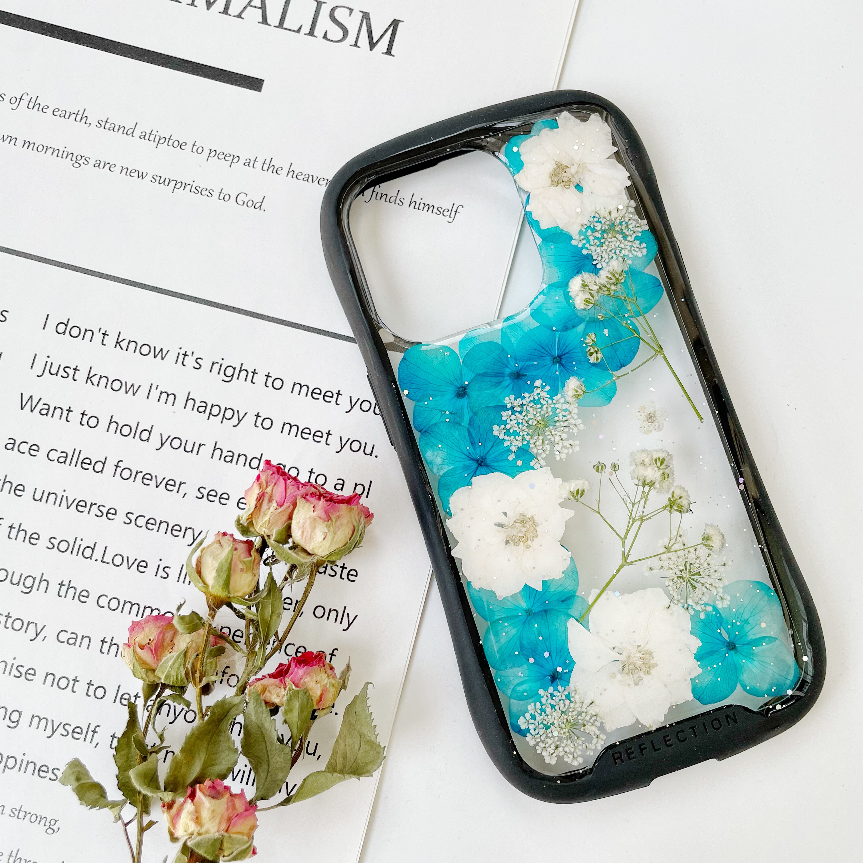 紫陽花iFace風押し花ケース、iPhoneのみ対応、手帳型、iPhone16、iPhone16pro、iPhone8