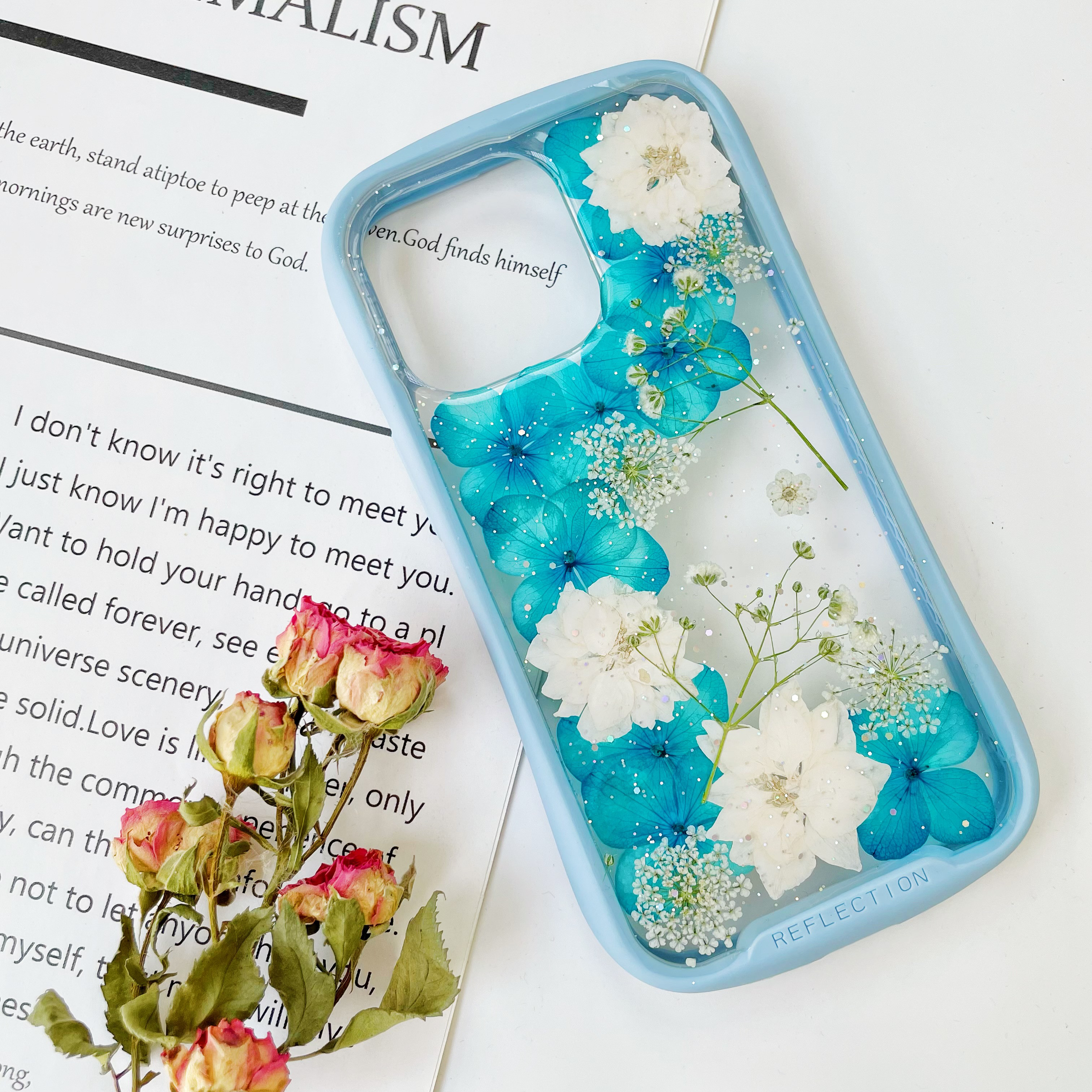 紫陽花iFace風押し花ケース、iPhoneのみ対応、手帳型、iPhone16、iPhone16pro、iPhone8