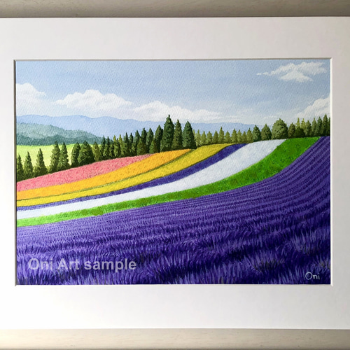 【ラベンダー畑】アクリル画 F4 風景画 絵画 ラベンダー畑06」透明水彩画 原画 風景画 額縁付 SMサイズ 絵画
