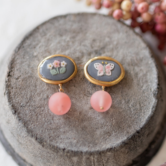 蝴蝶與花朵 鏡框　耳環 / 耳夾 / 橢圓　cherry quartz 第1張的照片
