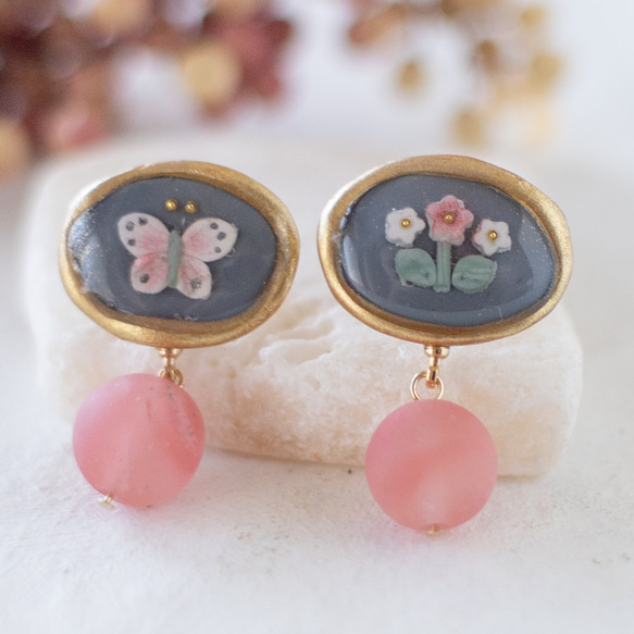 蝴蝶與花朵 鏡框　耳環 / 耳夾 / 橢圓　cherry quartz 第4張的照片