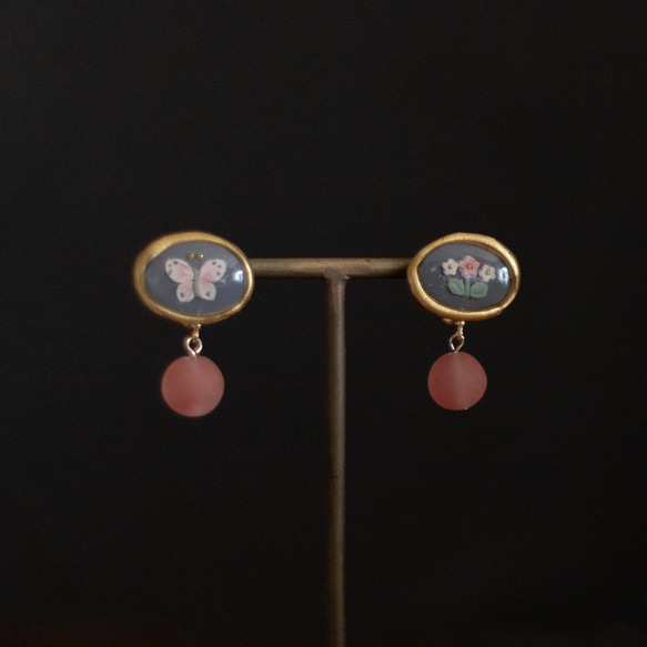 蝴蝶與花朵 鏡框　耳環 / 耳夾 / 橢圓　cherry quartz 第5張的照片