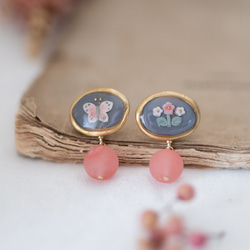 蝴蝶與花朵 鏡框　耳環 / 耳夾 / 橢圓　cherry quartz 第2張的照片