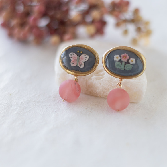 蝴蝶與花朵 鏡框　耳環 / 耳夾 / 橢圓　cherry quartz 第6張的照片