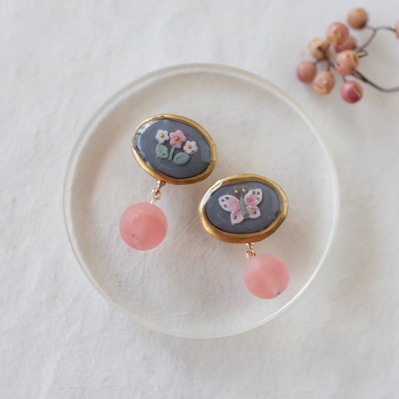 蝴蝶與花朵 鏡框　耳環 / 耳夾 / 橢圓　cherry quartz 第7張的照片