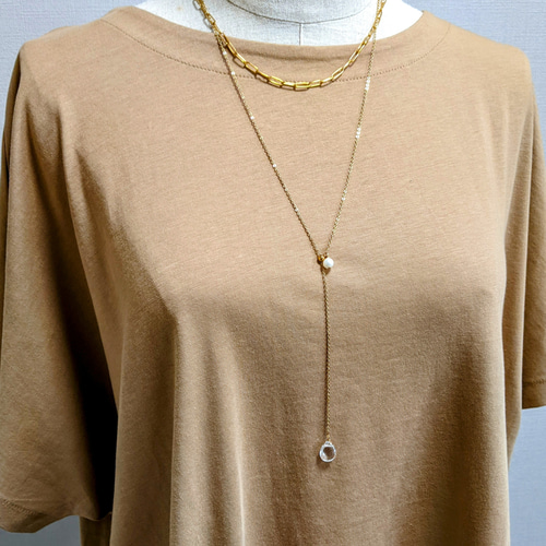 ロング/サージカルステンレス】大粒水晶クリスタル×淡水パールのY字  