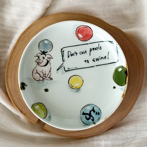 チコロット❤️取り皿❤️すべて手描き❤️染付け❤️ことわざ❤️豚に