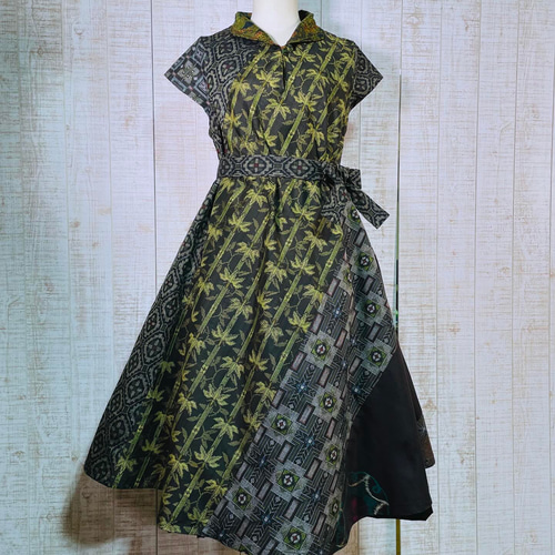 数種類の正絹大島紬で立ち襟フレンチ袖テントラインワンピースM〜L