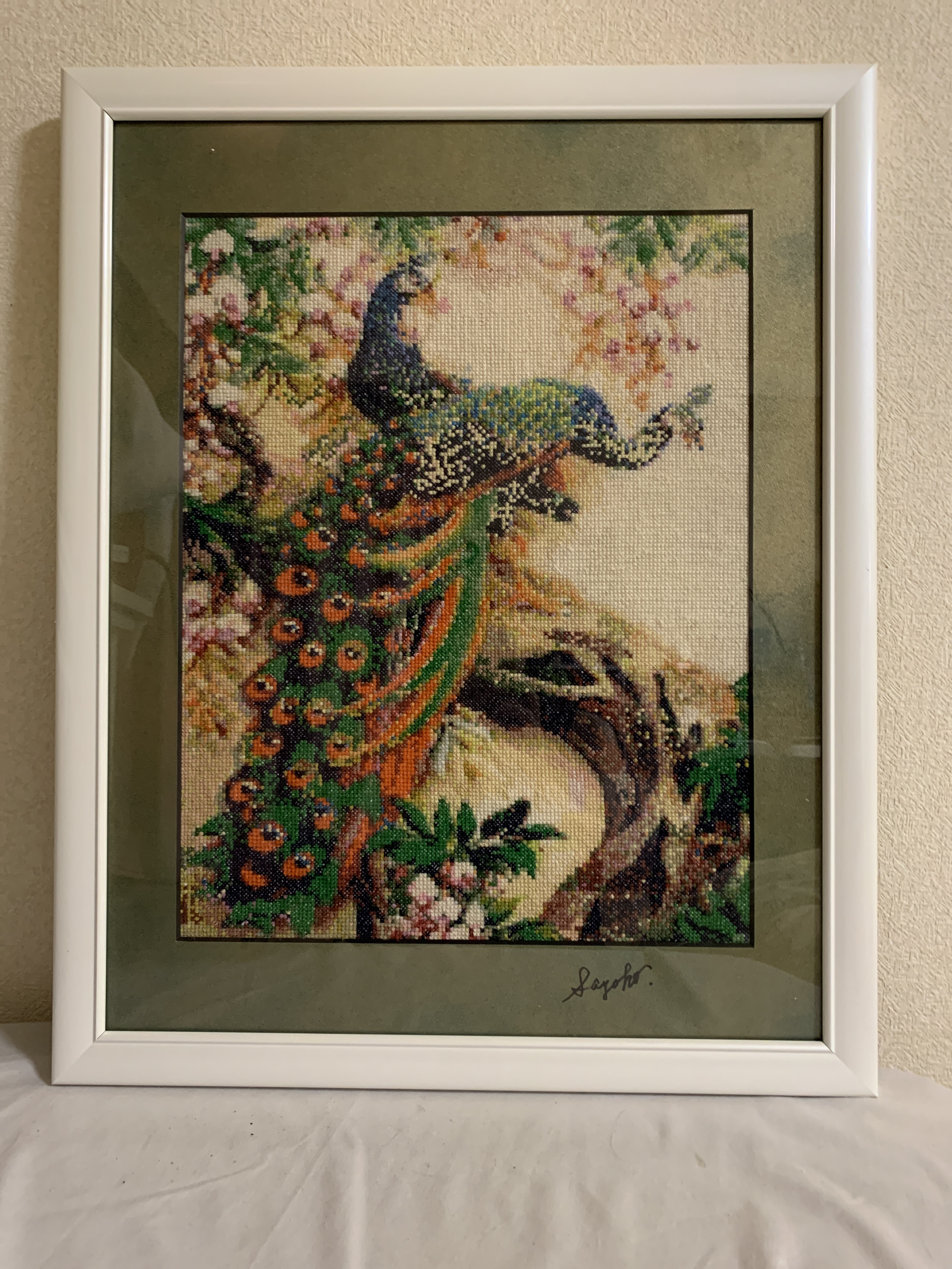 バラ 薔薇と孔雀】絵画 【シルクフラワー クジャク 羽根 アンティーク