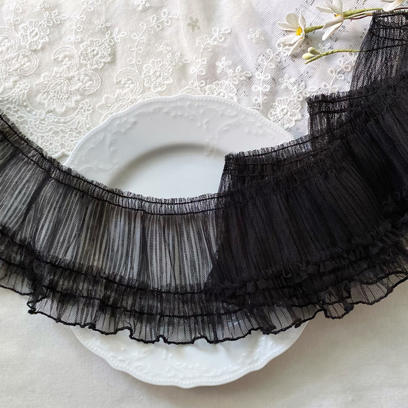 再入荷＊50cm単位 綺麗 広幅 チュールプリーツフリルブレード 黒 