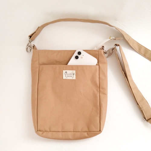 大きめ】帆布サコッシュ キャメル ポシェット ショルダーバッグ 無地