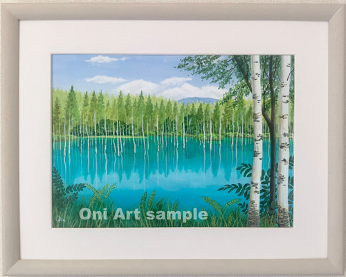 アクリル画　原画　「秋の湖畔」額縁付　F3サイズ　キャンバス　風景画 アクリル画 原画 「海の見えるお花畑01」額縁付 ハガキサイズ