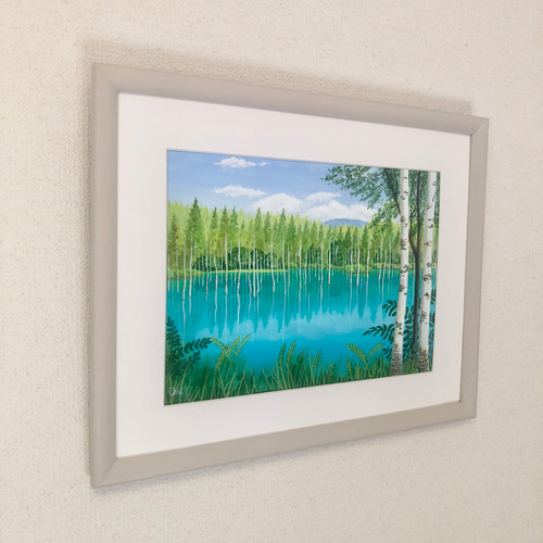 アクリル画　原画　「美瑛・青い池04」額縁付　４Fサイズ　風景画 美瑛・青い池04」アクリル画 原画 風景画 額縁付 F4サイズ 絵画