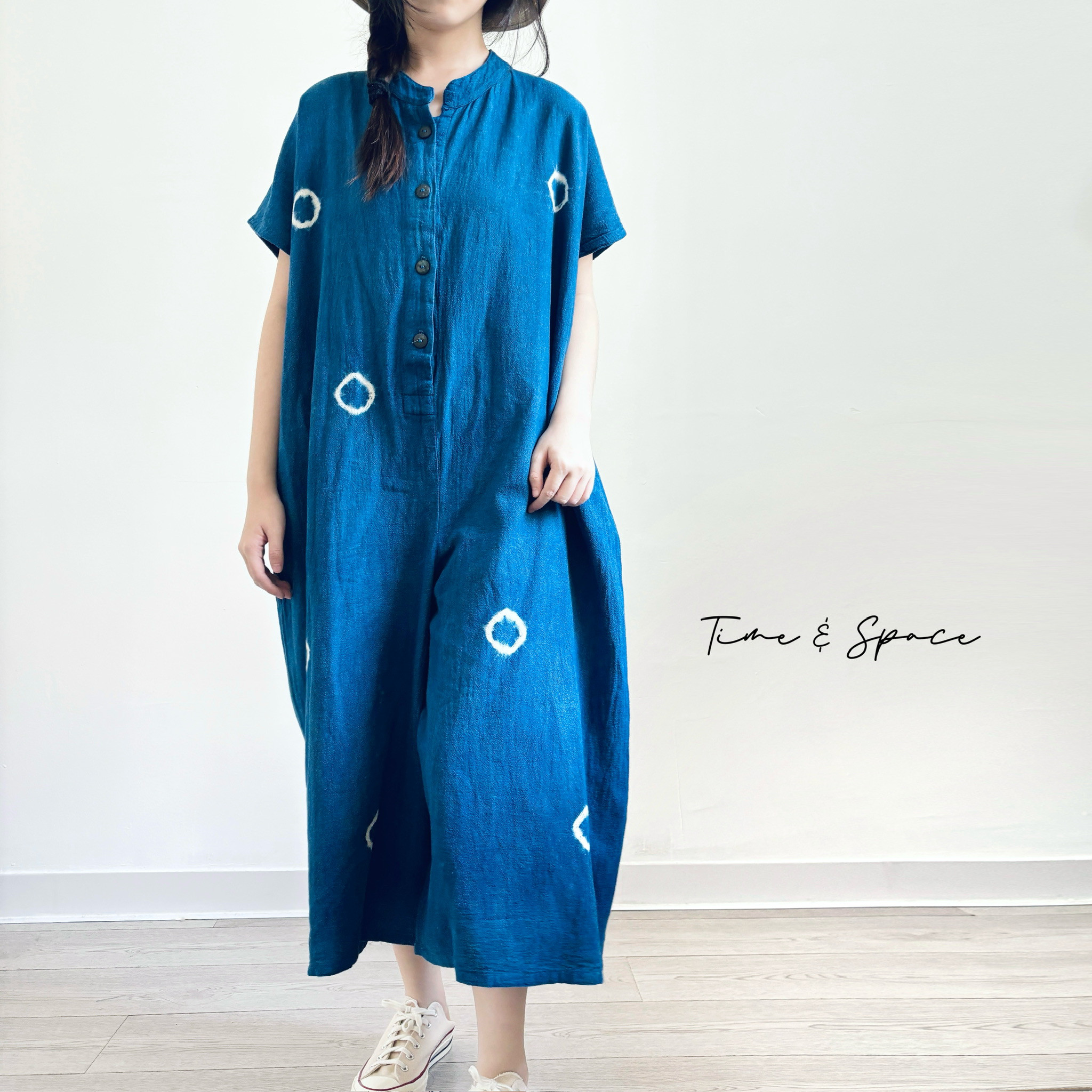 【藍染めの半袖ワイドパンツ★コットン100%】着心地抜群│ドット│ボタン│カジュアル│植物染料│ナチュラル│O-13BM