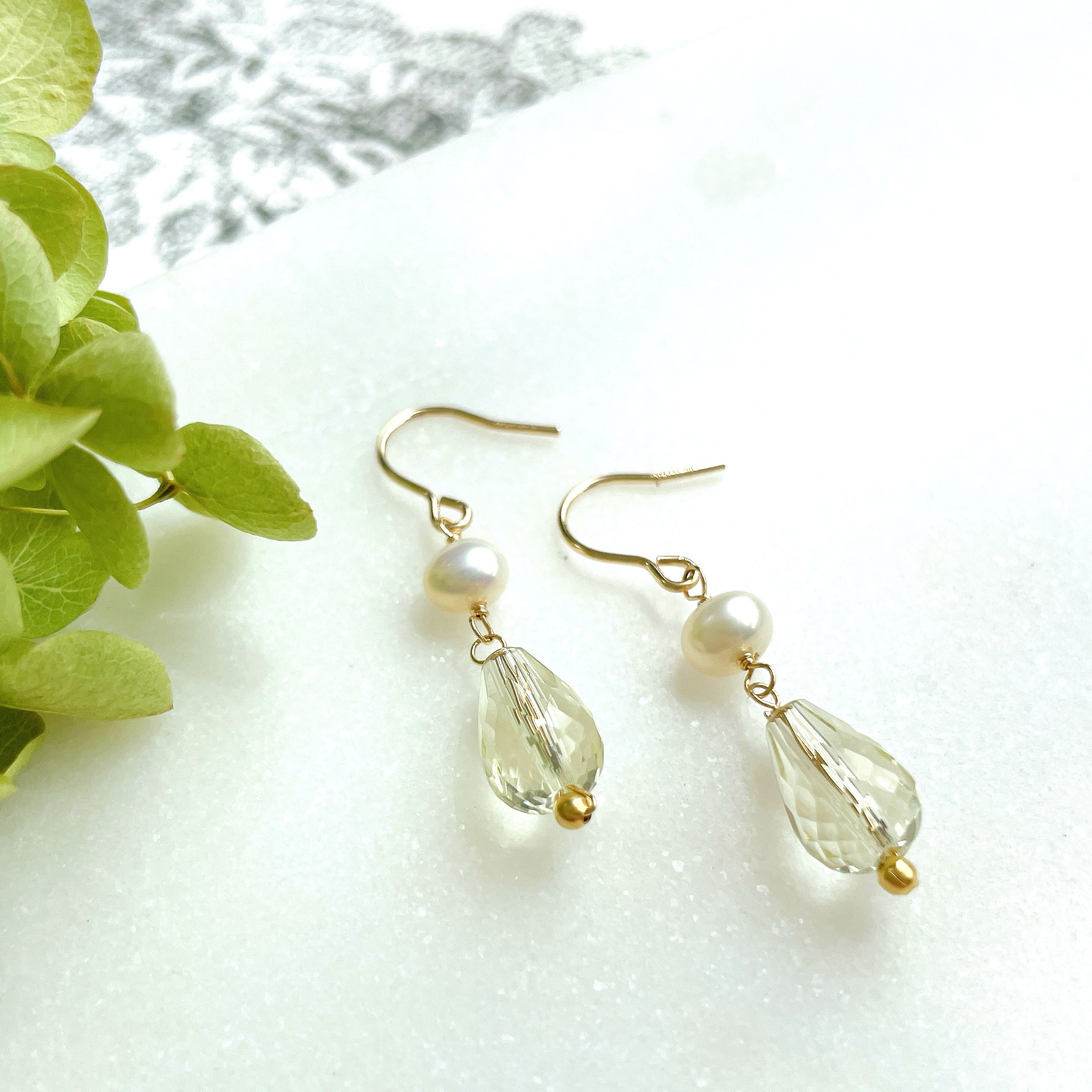 【14kgf】淡水パールとレモンクォーツのSHIZUKUピアス★卒業式、入学式などセレモニーにも★金属アレルギー対応