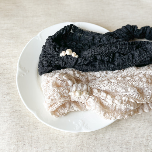 幅広・2way＞ ポコポコレースのストレッチヘアバンド／ターバン