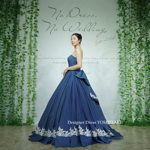 ウエディングドレス.デニム素材.ブルー.レース.パニエ付き.披露宴.お色  