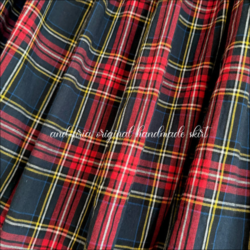 播州織ネイビー×レッドタータンチェックのギャザースカート ロング