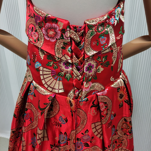 送料無料！パーティードレス ワインレッド ロング プリント模様 ベア  