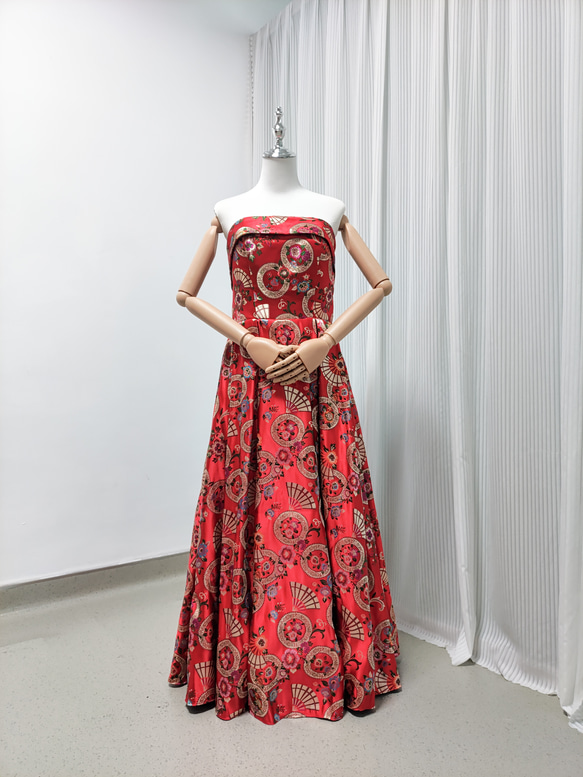 送料無料！パーティードレス ワインレッド ロング プリント模様 ベア  