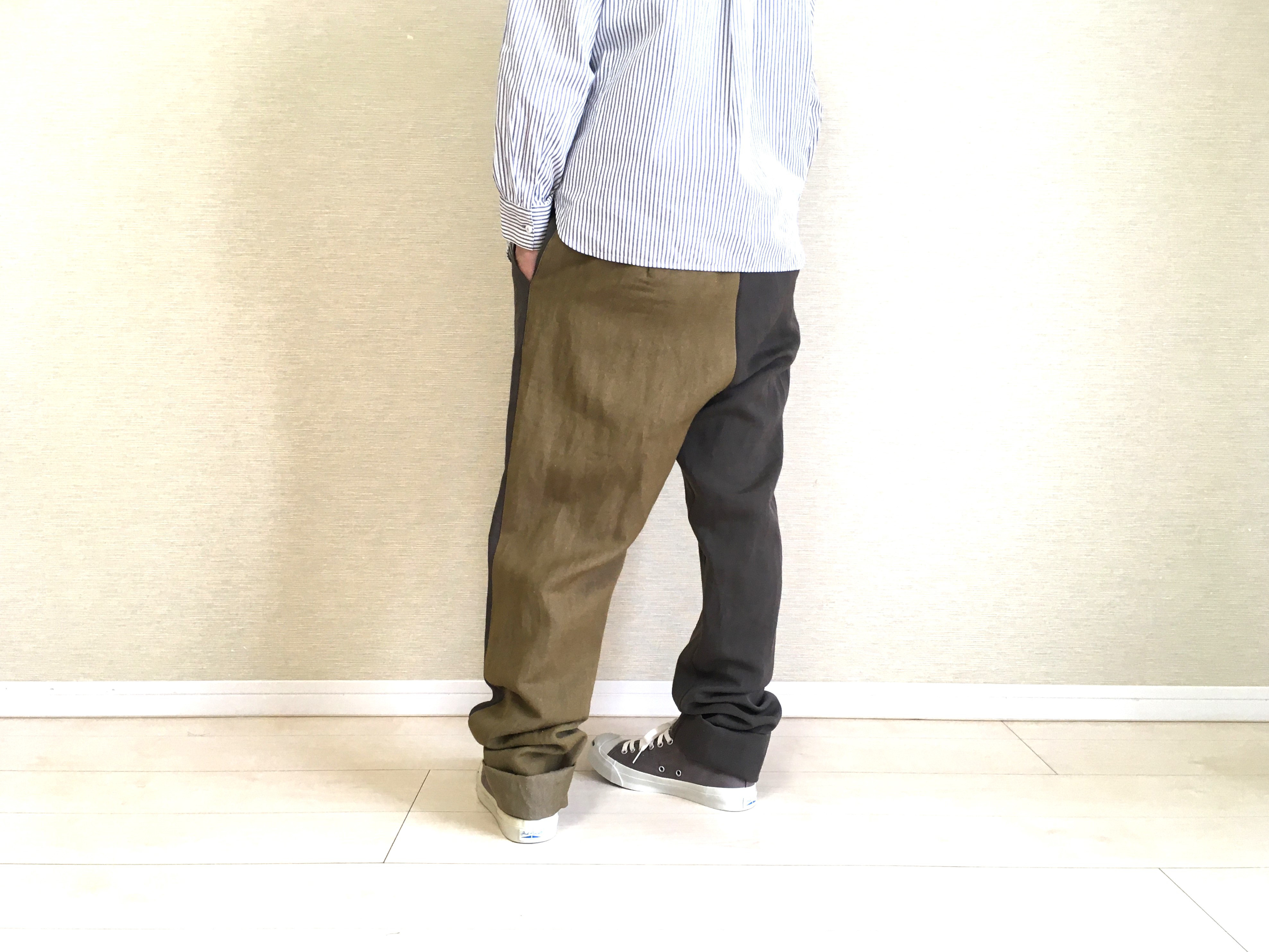 衿付きパンツ005 / ウールリネンでチャコールにカーキ