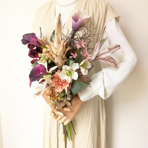 ヘッドピース付き和装ブーケ　ブライダルブーケ　アーティフィシャル ブーケ ウェディングブーケ アーティフィシャルフラワーブーケ 和装用