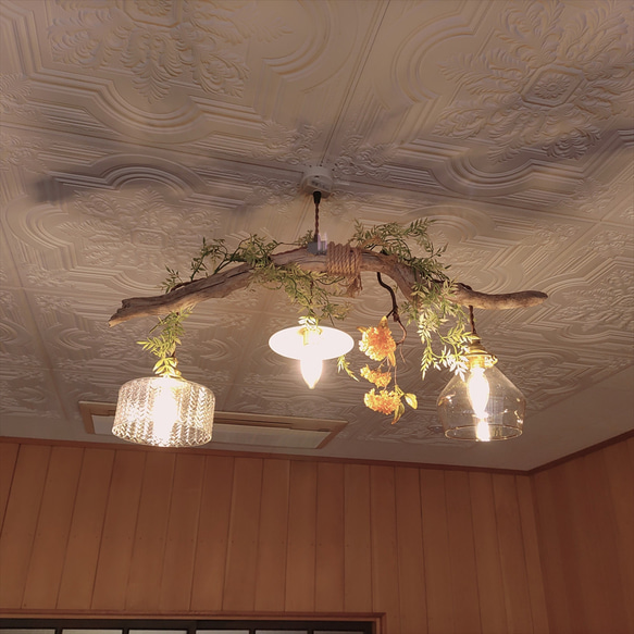 流木のおしゃれなペンダントライト｜リビングやダイニングライトに｜6畳から8畳向き3灯｜ランプシェード変更可(703) ガラス