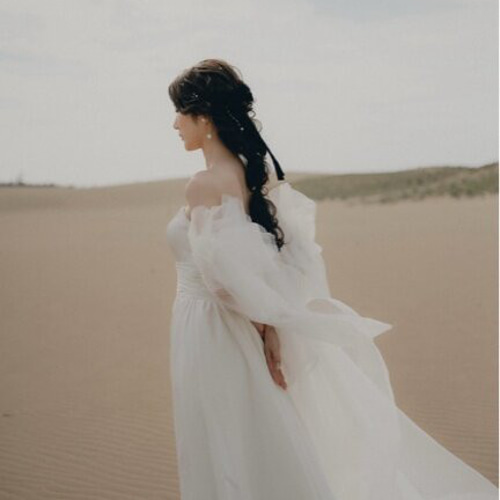 実例写真！ウェディングドレス 華やかなトレーン 姫袖 抜群のおしゃれ  