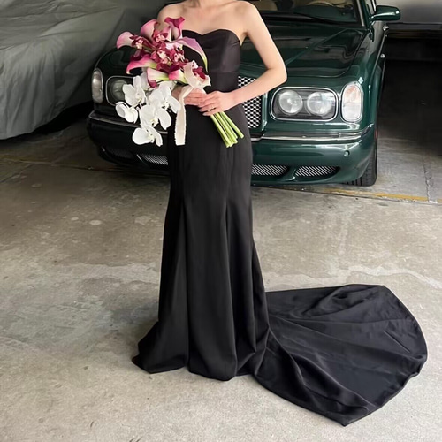 実例写真！パーティードレス ブラック マーメイドライン ベアトップ  