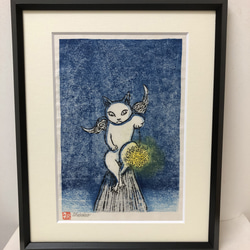 版画　ネコと少女 はちわれ黒白ねこちゃん 木版画 版画 nekoten 通販 15324044