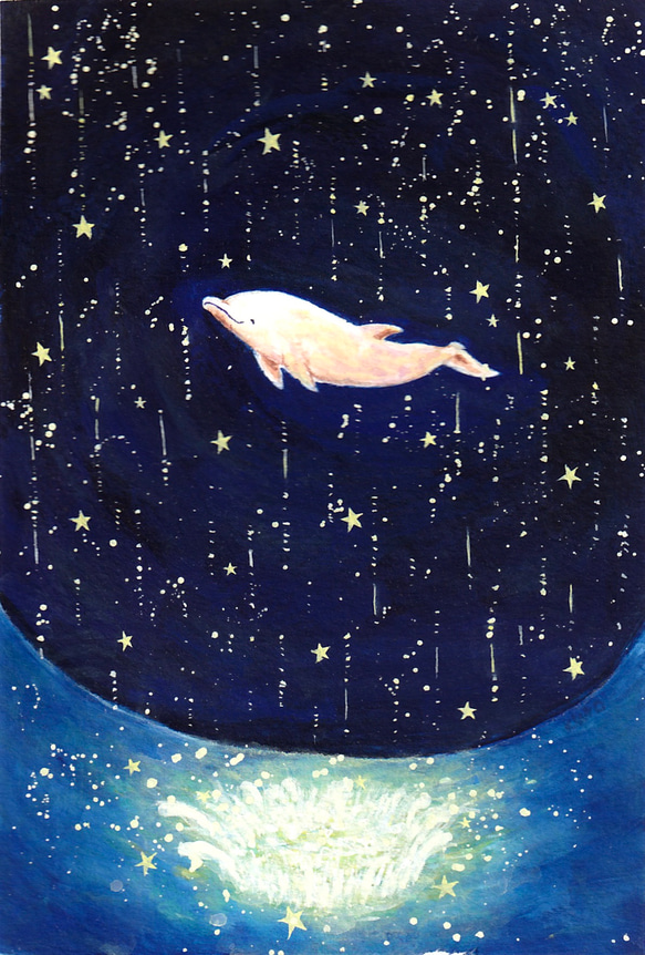 イルカ　絵 星の雨に跳ねるイルカ 絵画 kuro 通販 18114910｜Creema(クリーマ)