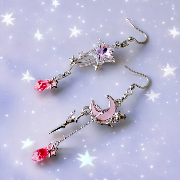月と星のアシンメトリーピアス／イヤリング（ピンク） ピアス（フック 