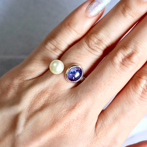 あこや　シルバーオープンリング タンザナイトとアコヤパールのフロントオープンリング 天然石 シルバー