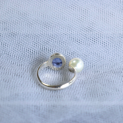タンザナイトとアコヤパールのフロントオープンリング 天然石 シルバー