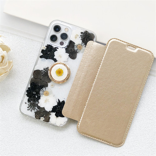 黒白) 可愛くてお洒落な押し花ケース！ iPhoneケース 手帳型
