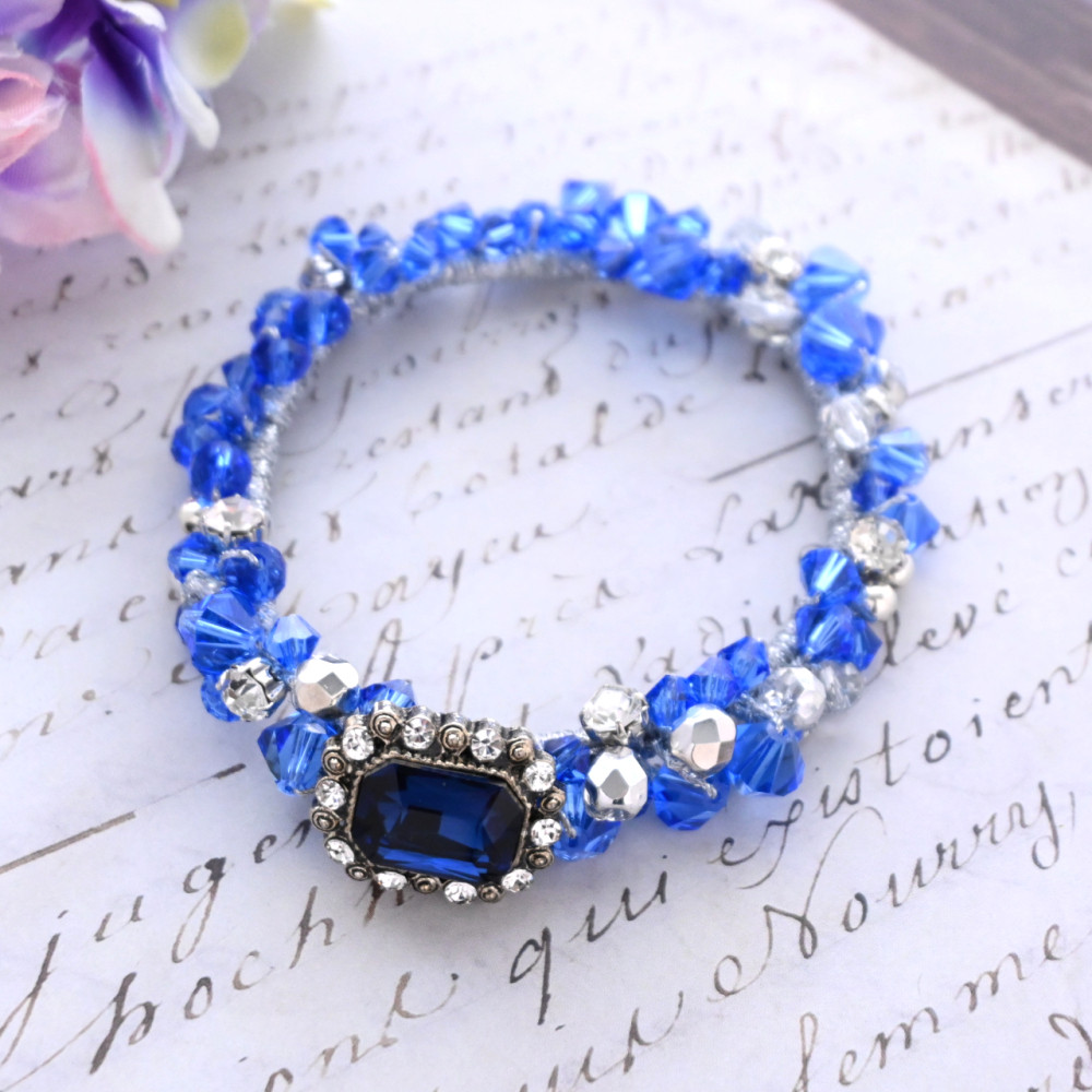 【ラスト1点】煌めく アンティーク風ブルー ビジュー シュシュ＊ブレスレット