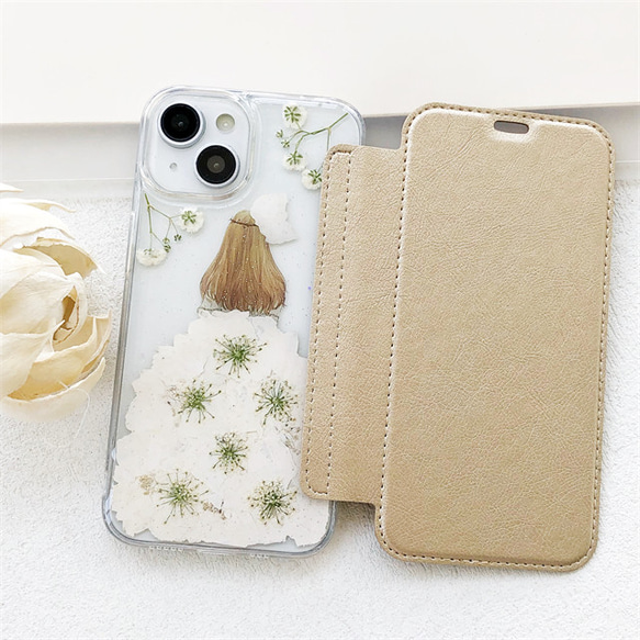 かすみ草！可愛くてお洒落な押し花ケース！ iPhoneケース 手帳型