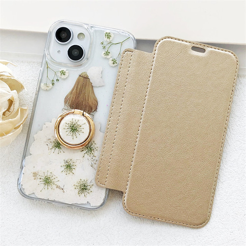 かすみ草！可愛くてお洒落な押し花ケース！ iPhoneケース 手帳型