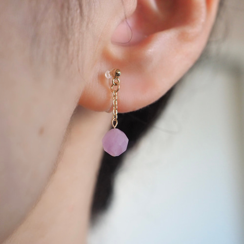 クンツァイトの一粒ピアス・イヤリング ノンホールピアス 14kgf 9月の  